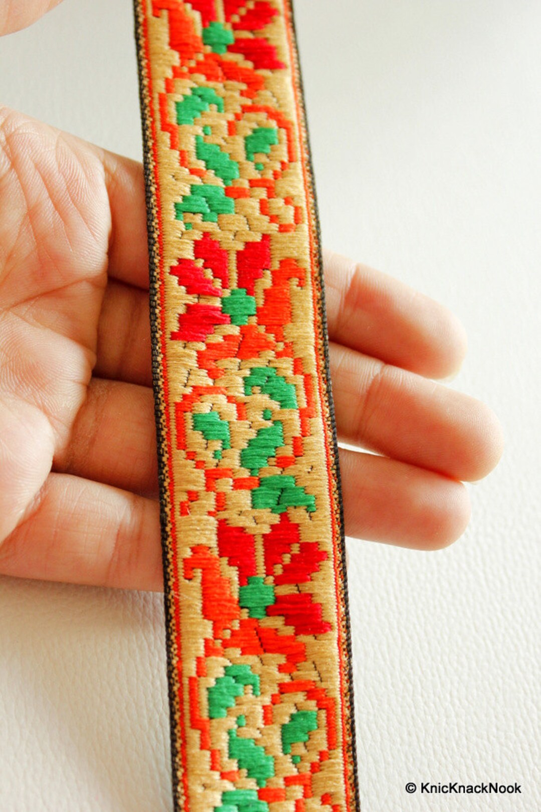 Fabric Lace With Floral Design, Beige, Red, Green, and Orange Thread Work  Trim, 30mm Wide -  UK
