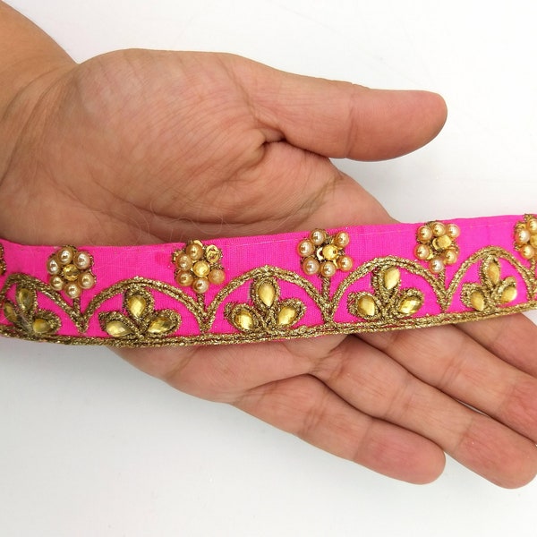 Fuchsia Silk Fabric Lace Trim Floral Embroidery & Indian Stones Kundan Embellishment, Decorative Sari Trim, Floral Border Trim By Yard