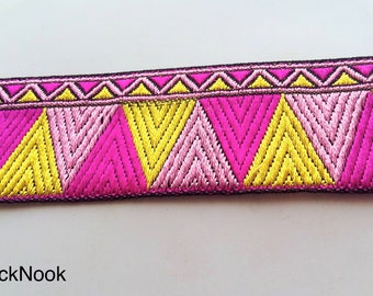 Pink, Fuchsia Pink And Yellow Embroidered Trim, Geometric Pattern, Approx. 40mm wide - 200317L497