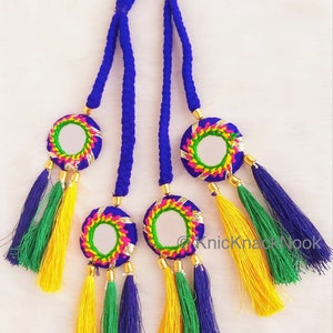 Pink / Blue Braid With Pink / Green, Yellow and Blue Tassels with Mirror Embellishments,Bohemian Tassels, Indian Tassels, Festival Tassels image 5