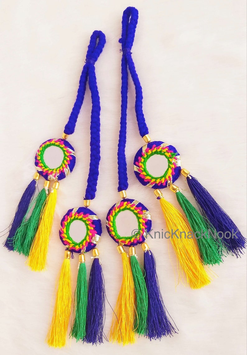 Pink / Blue Braid With Pink / Green, Yellow and Blue Tassels with Mirror Embellishments,Bohemian Tassels, Indian Tassels, Festival Tassels image 5