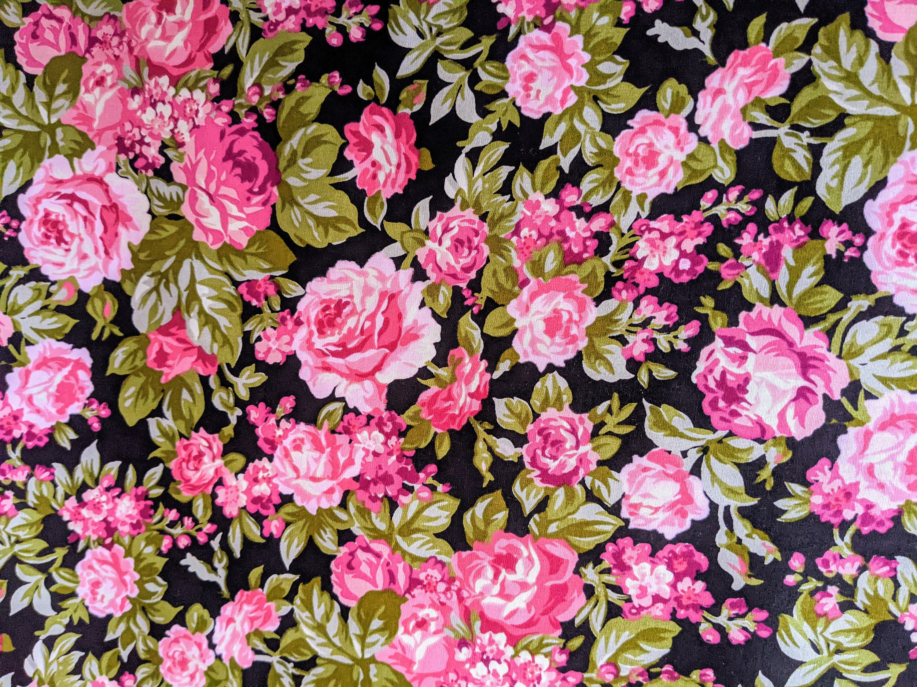 1 1/4 Yd. Rose Quilt Fabric. Black and Pink Floral Cotton Fabric. Fabric  Destash. Fabric Clearance. Rag Quilting. 