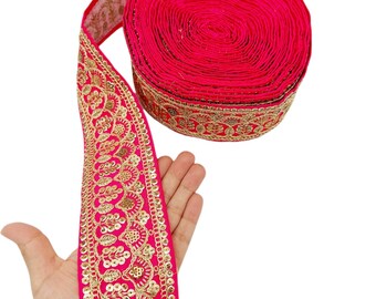 2 Yards Dark Pink Gold Embroidered Lace Trim Sequins Trim Decorative Sari Border Costume Ribbon Crafting Sewing Tape