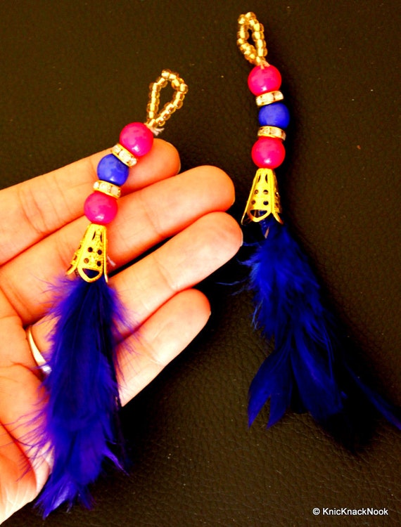 2pc Blue Feather Tassels With Gold Metal Cap and Pink and Blue