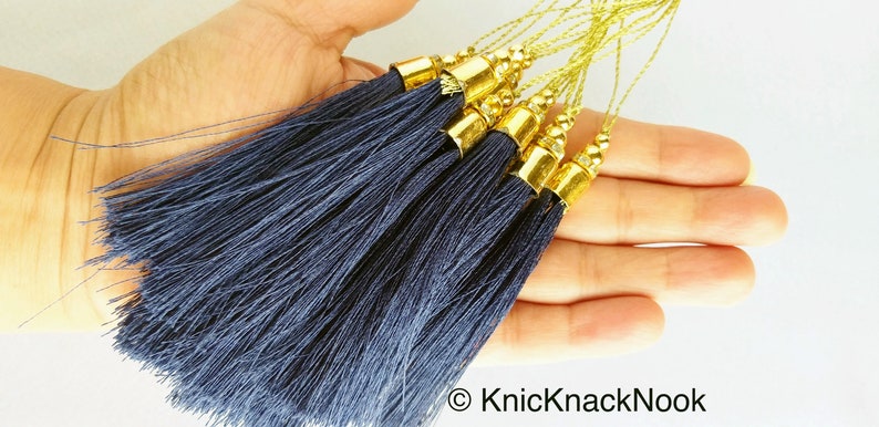 Nylon Tassels x 12 Tassel Charms Midnight Blue Tassels With Gold Cap And Beads