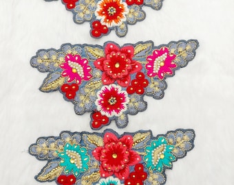 Floral Embroidered Applique: Grey Cutwork, Beaded 3D Flower Motif