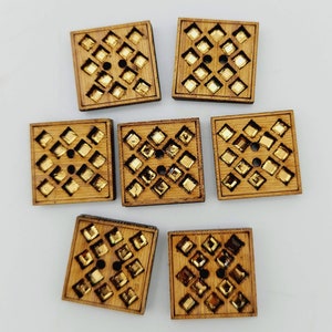 Wooden Square Shape Cutwork Buttons With Crafted Gold Stone, Indian Buttons, 20mm buttons, Pack of 5, Craft Buttons