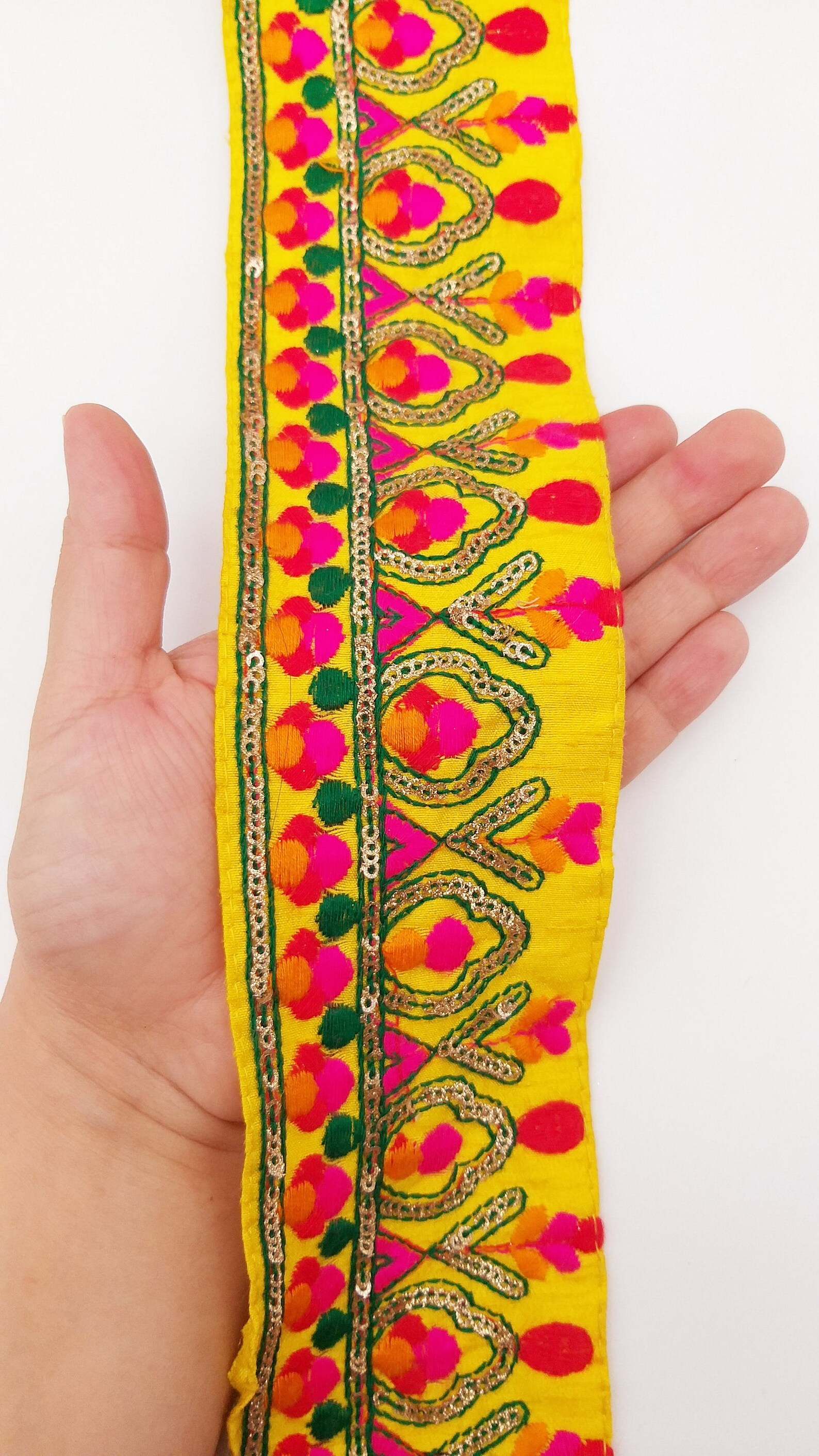 Yellow Fabric Trim With Green Fuchsia Pink Red and Yellow Etsy UK
