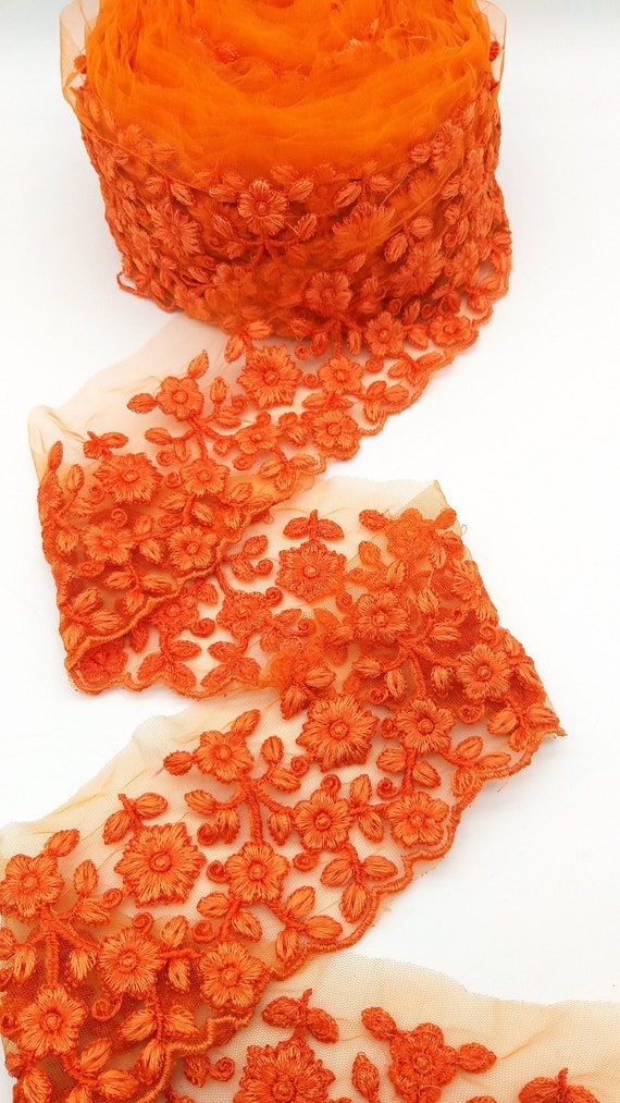 Orange Net Fabric Lace Trim With Floral Embroidery in Orange, Lace