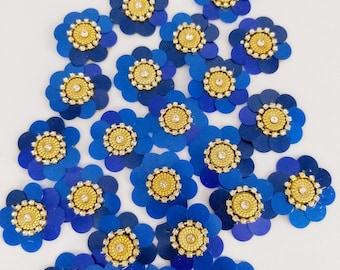5 Royal Blue Floral Appliques: Sequins & Rhinestone Embellishments