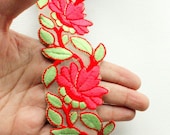 Gold Sheer Trim With Red And Green Floral Embroidery, Approx. 55mm Wide