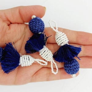 Navy Blue Crochet Ball Tassels With White Pearls Beads, Tassel Charms, Nylon Tassels x 2
