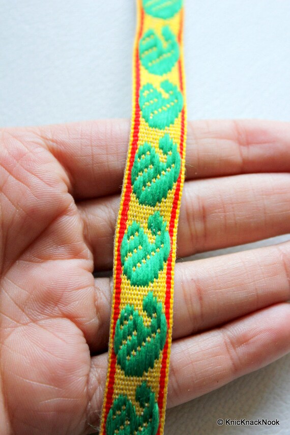 Yellow Fabric Trim With Green and Red Embroidery Thread Lace Etsy