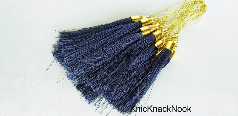 Nylon Tassels x 12 Tassel Charms Midnight Blue Tassels With Gold Cap And Beads