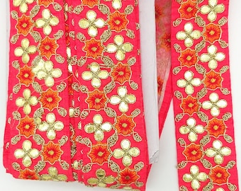 Radical Red Art Silk Fabric Trim, Orange & Gold Floral Embroidery Gota Patti Indian Sari Border Trim By Yard Decorative Trim Craft Lace