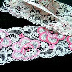 White And Pink Rose Floral Net Lace Trim Ribbon 85mm wide image 2