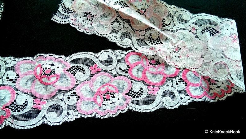 White And Pink Rose Floral Net Lace Trim Ribbon 85mm wide image 2