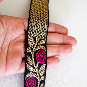 Black Fabric Trim With Fuchsia Rose And Gold Leaves Embroidery, Approx. 30mm Wide