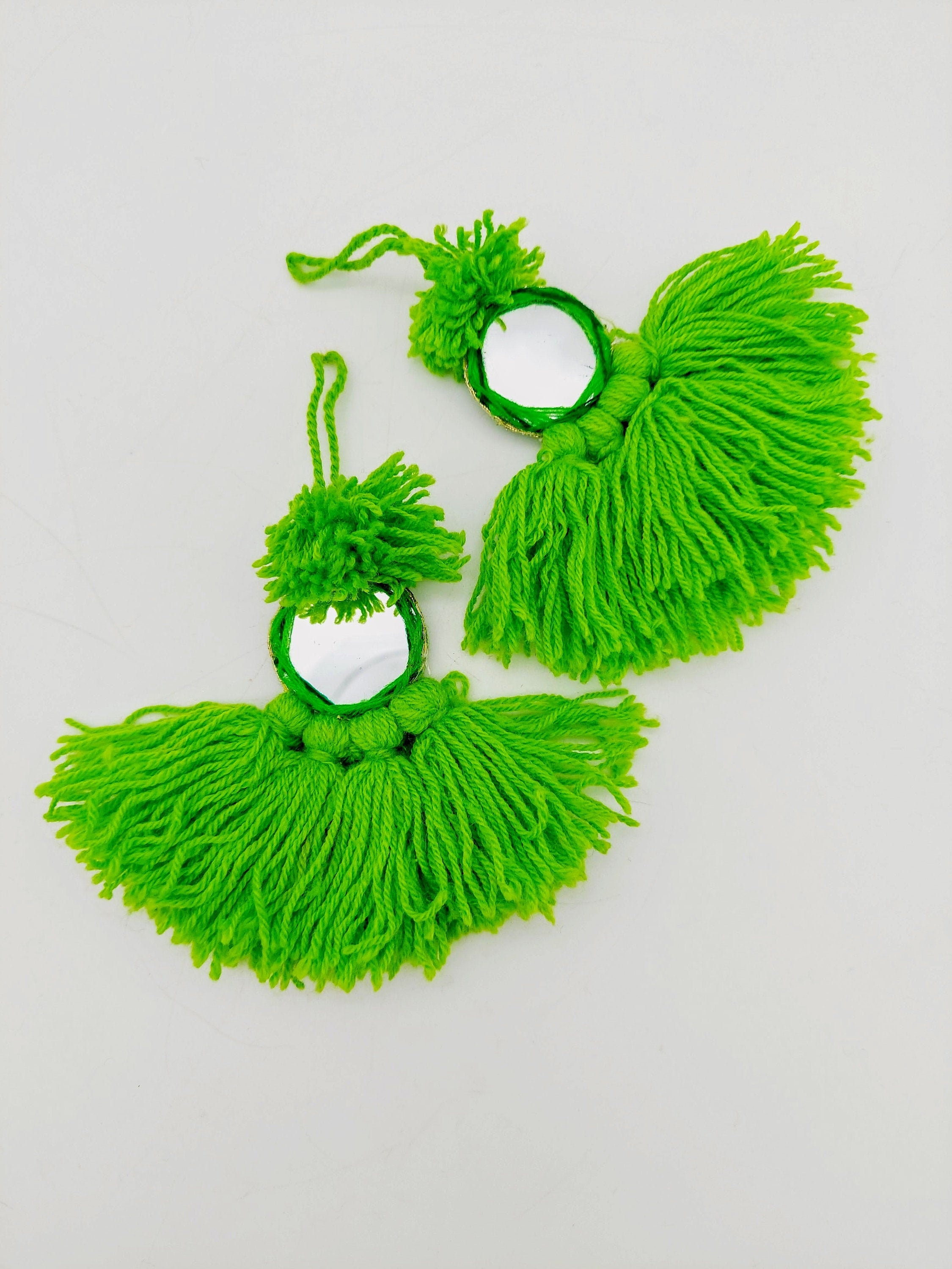 Mirrored Green Wool Tassels, Green Pompom Mirror Tassel, Handmade Latkan Boho, Ethnic, Danglers with Mirror, 1 Pair