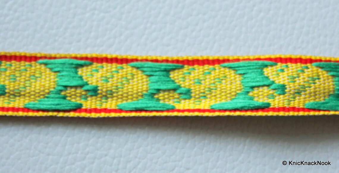 Yellow Fabric Trim With Green and Red Embroidery Thread Lace Etsy