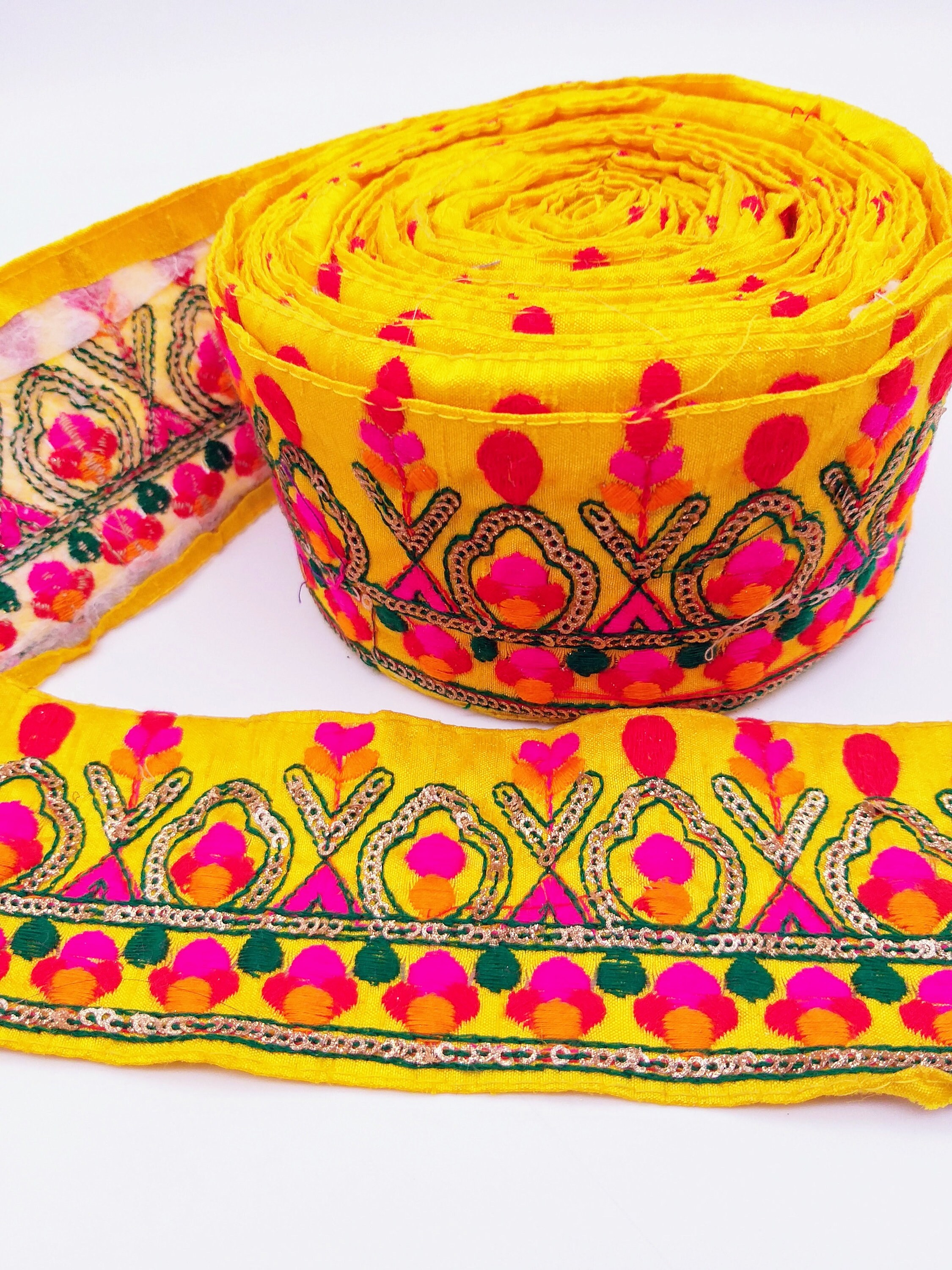 Yellow Fabric Trim With Green Fuchsia Pink Red And Yellow Etsy