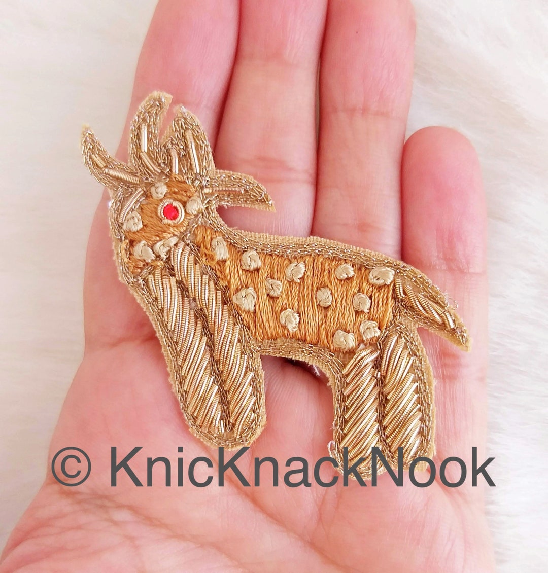 Hand Embroidered Deer Applique in Gold Beige and Red Zardozi Etsy