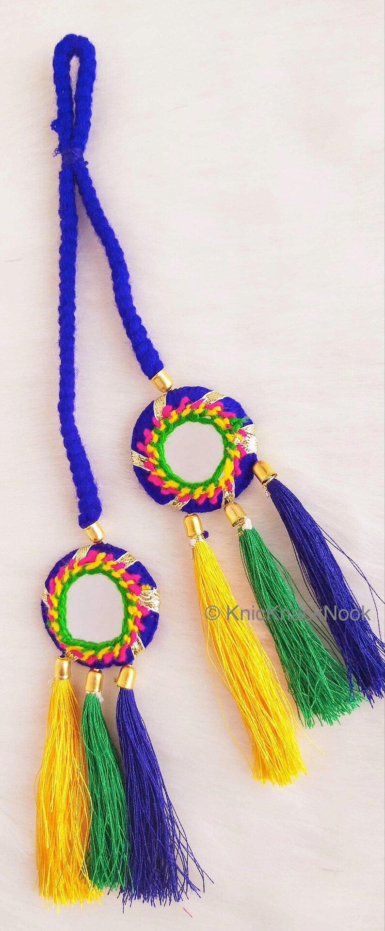 Pink / Blue Braid With Pink / Green, Yellow and Blue Tassels with Mirror Embellishments,Bohemian Tassels, Indian Tassels, Festival Tassels Blue