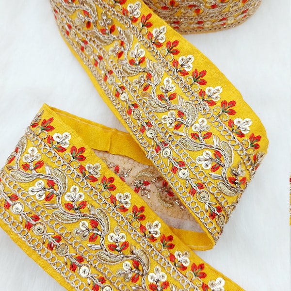 Yellow Embroidered Indian Trim, Sari Border Trim Floral Embroidery, Decorative Trim, Indian Sari Border Crafting Ribbon