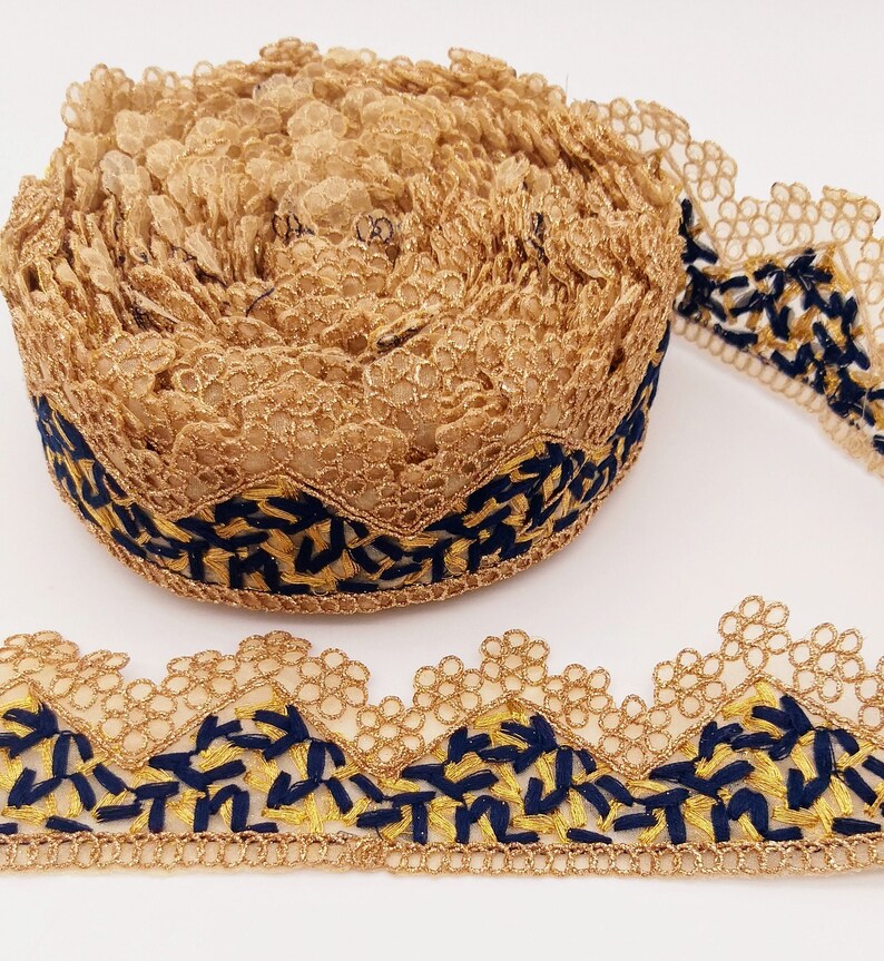 Gold Sheer Tissue Fabric Cutwork Trim with Embroidery in Gold and Navy Blue Scallop Trim Trim By Yard Fringe Trim