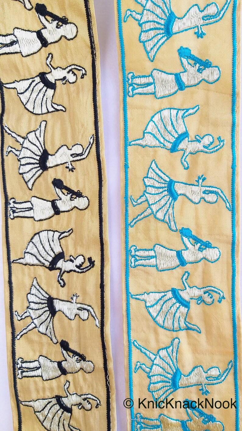Approx Dance Music Trims Beige Fabric Trim With Embroidered Dancers And Musicians in Gold /& Black Blue 80mm 210119L514 15