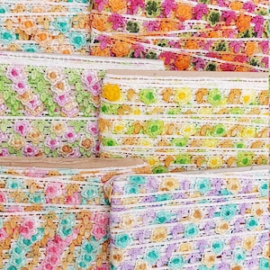 Floral Embroidered Fringe Trim: Multicoloured Polyester Lace, 10 Yards