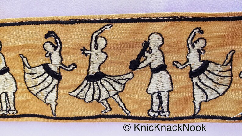 Approx Dance Music Trims Beige Fabric Trim With Embroidered Dancers And Musicians in Gold /& Black Blue 80mm 210119L514 15