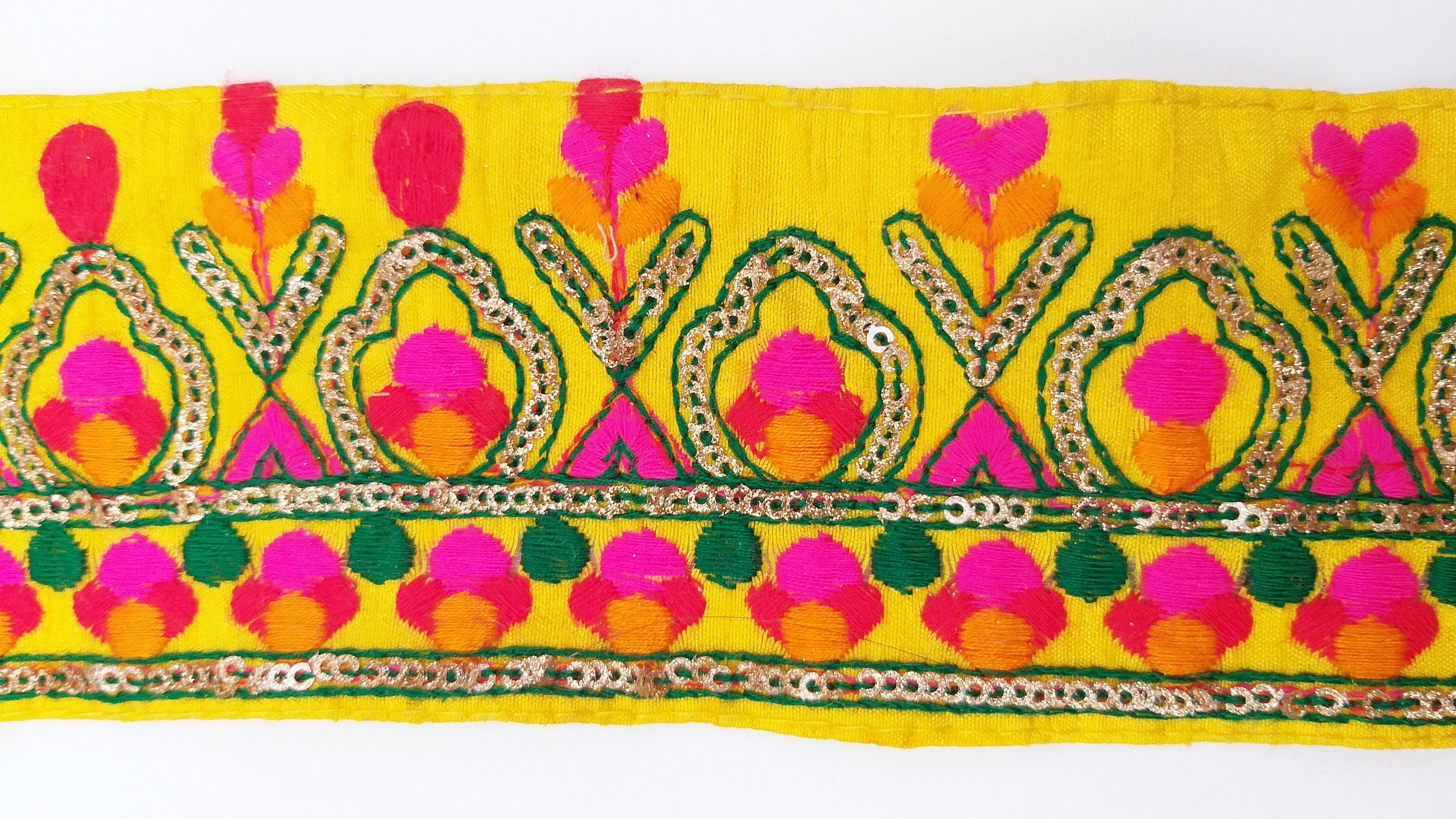 Yellow Fabric Trim With Green Fuchsia Pink Red and Yellow Etsy UK