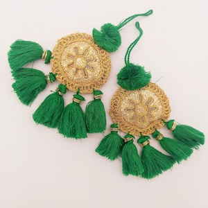 Embroidered Green & Gold Tassels: Indian Boho Chic Latkan Set