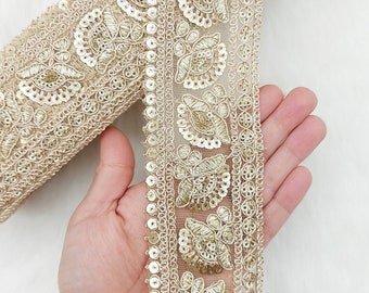 Gold Sequins Trim 2 Yards Decorative Floral Embroidered Lace Sari Border Costume Ribbon Crafting Sewing Tape