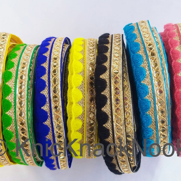 Gold Zari Trim, Embroidered Trim In Yellow / Green / Royal Blue / Lemon Yellow / Black / Blue / Pink,  Approx. 24mm wide