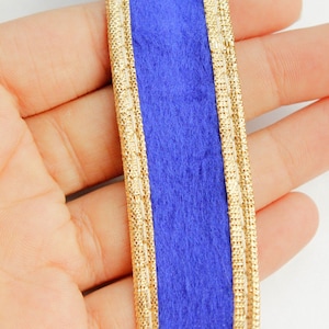 Blue Velvet Trim Ribbon WIth Gold Border Piping