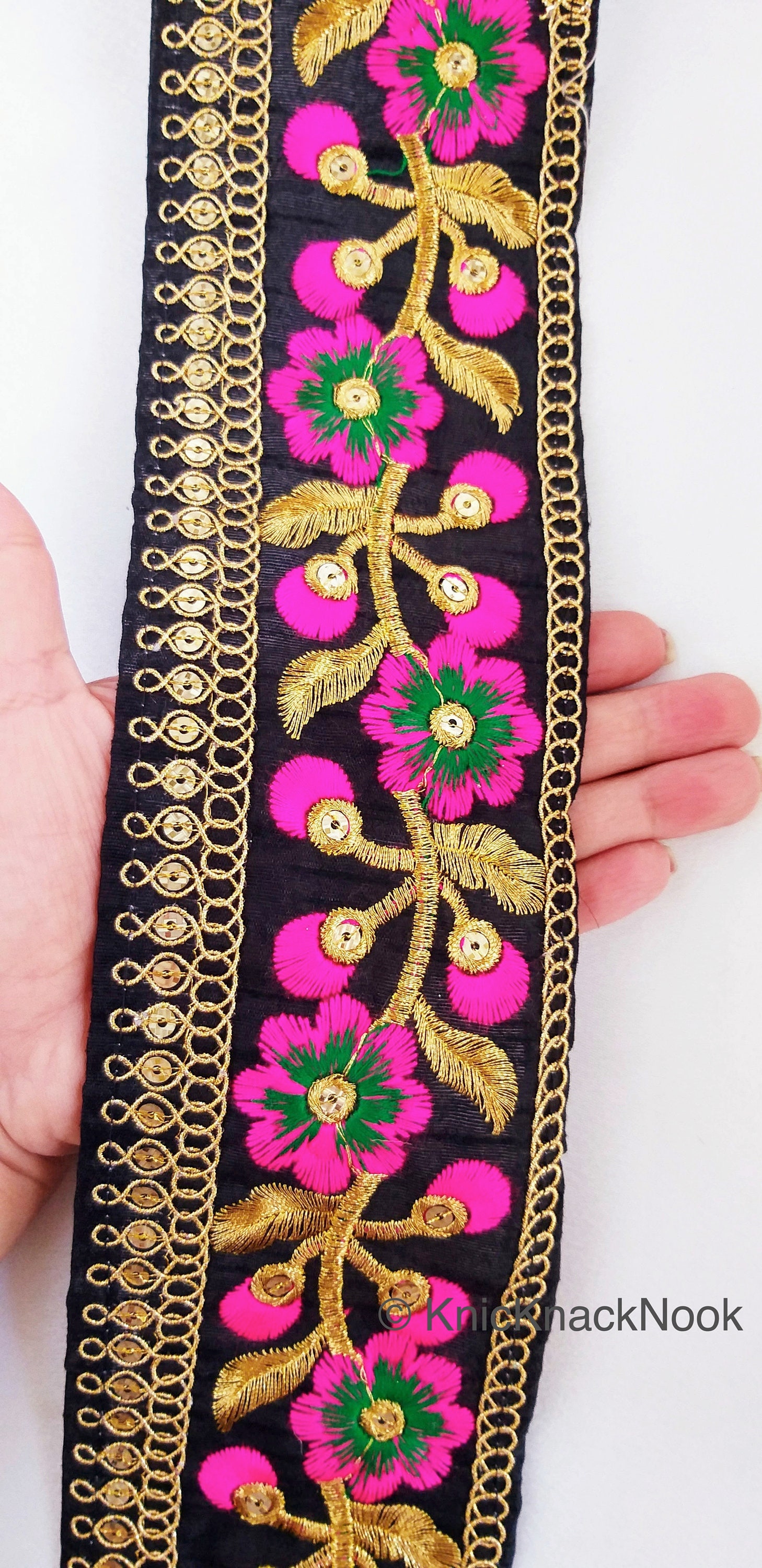 Black Art Silk Trim With Gold and Pink Embroidered Flowers - Etsy UK