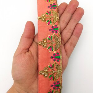 Orange Art Silk Trim: Green & Gold Embroidery, Decorative Border