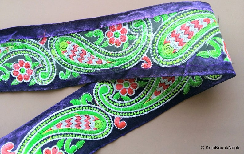 Blue / Pink Fabric Trim With Green, Pink And White Floral Embroidery, 68mm wide 200317L510/11 image 2