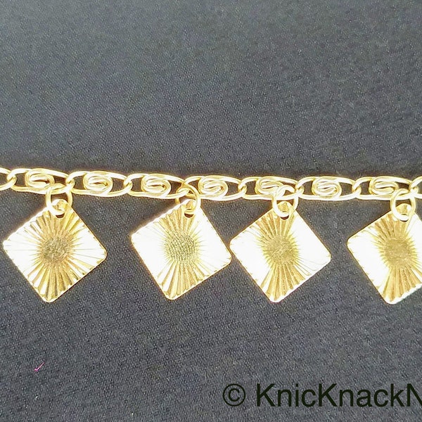Gold Chain Metal Trim, Metallic Chain with Gold Shimmer Square Charms, Beaded Bohemian trim, Belly dancing, Approx. 25mm Wide
