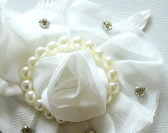 White Rose Fabric Flower With Pearls and Rhinestones Brooch Applique