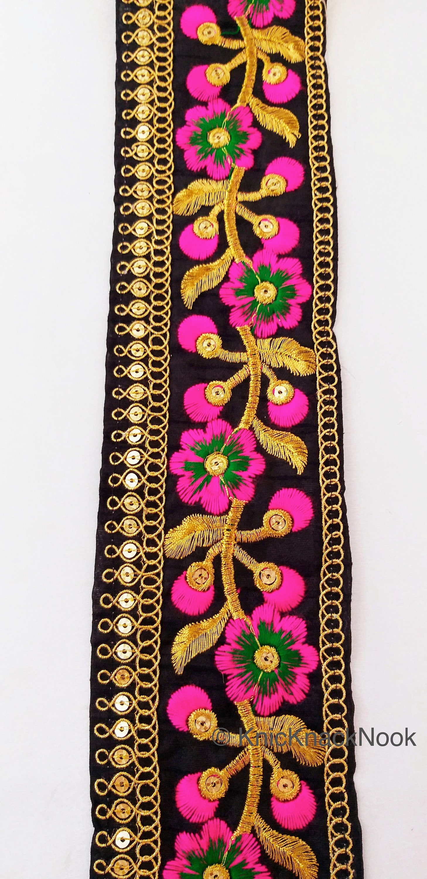 Black Art Silk Trim With Gold and Pink Embroidered Flowers | Etsy