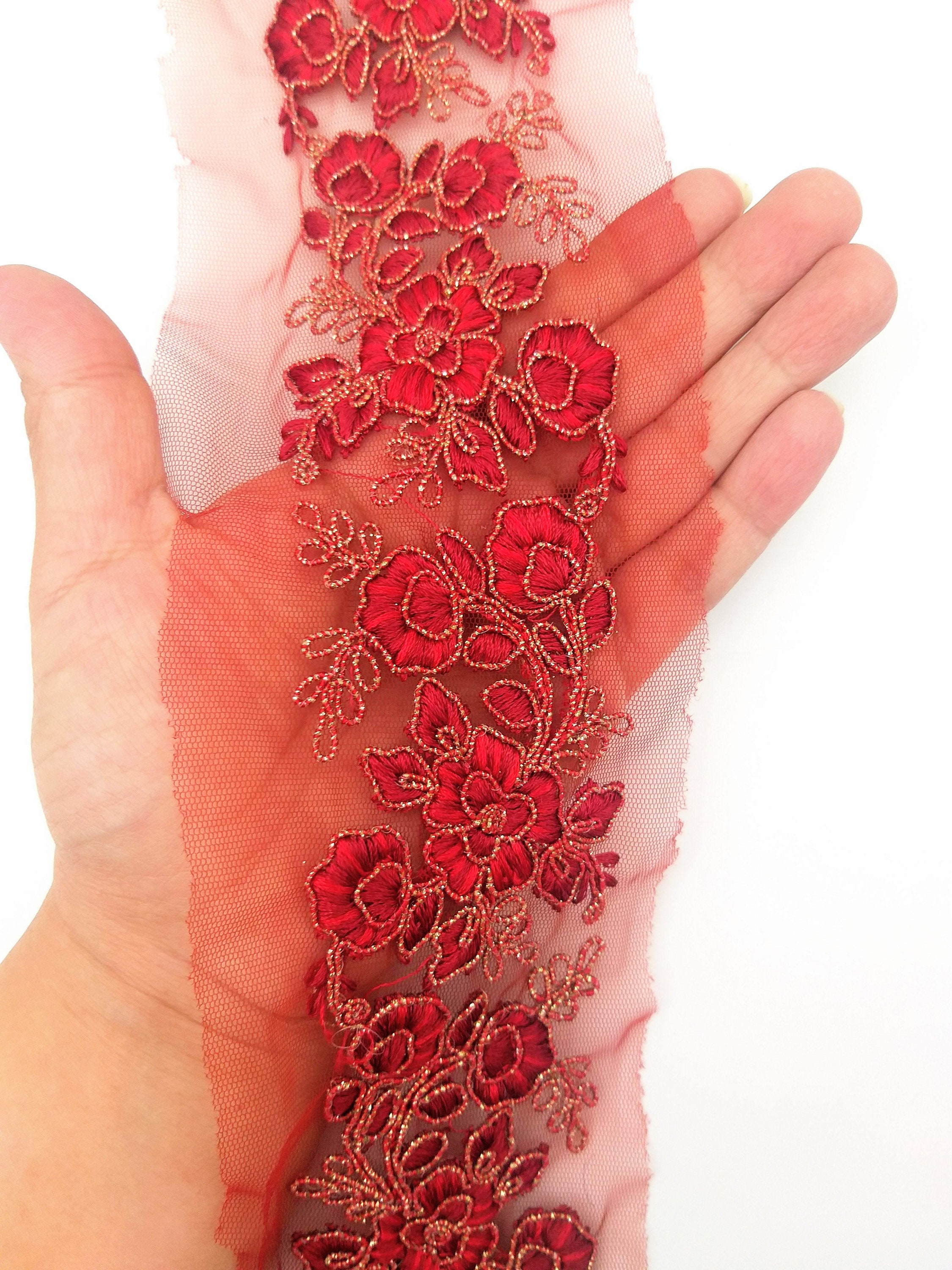 Maroon Red Net Fabric Lace Trim With Floral Embroidery, Lace Trim