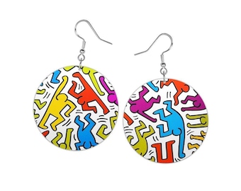 Boucles d'oreilles artistiques inspirées de Keith Haring : bijoux artisanaux de style vintage
