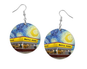 Kolczyki Waffle House Starry Night: drewniana biżuteria z nadrukiem Van Gogha