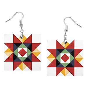 Ohio Star Quilt Block Earrings: Laser Cut Wood, Barn Art Gift