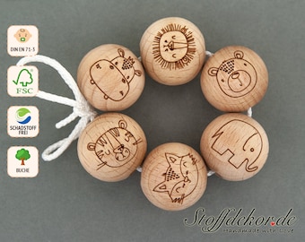 2 wooden beads, 20 mm, engraved with animal motifs, rainbow, sun, heart, star, motif beads, threading beads, craft beads, wooden balls, pacifier chains