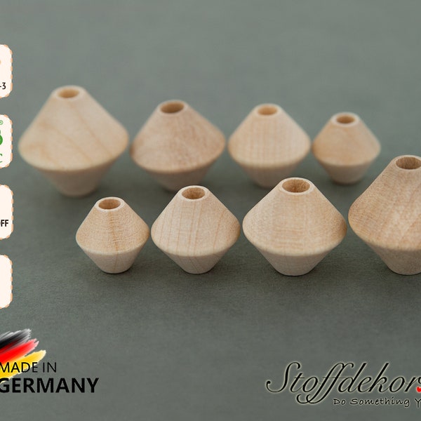 20 Kreiselperlen 10, 12, 14 und 16mm Kantenperlen Kegelperlen Doppelkegel Holzperlen Bicone Babyperlen Fädelperlen Bastelperlen Perlen