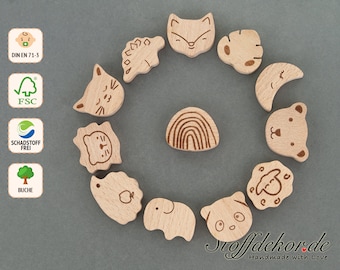 Motif beads, shaped beads, threading beads, wooden beads, baby beads, craft beads with laser engraving on both sides, baby chains, pacifier chains, car chains